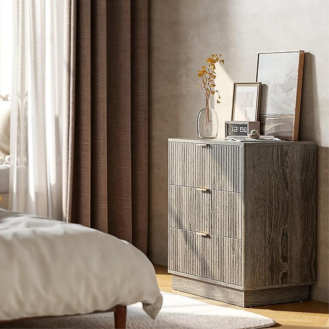 Mid Century Modern 3 Drawer Dresser for Bedroom, Fluted Wood Nightstand with Round Edge Design, Shallow Bedroom Storage for Closet, Living Room（Charcoal Oak）