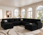 Belffin Large Modular Sectional Sofa with Double Deep Chaise and Loveseat, Corduroy U Shape Couch with 9" Soft Dual-Layer 9 Seats Cushion for Living Room, Apartment, Black