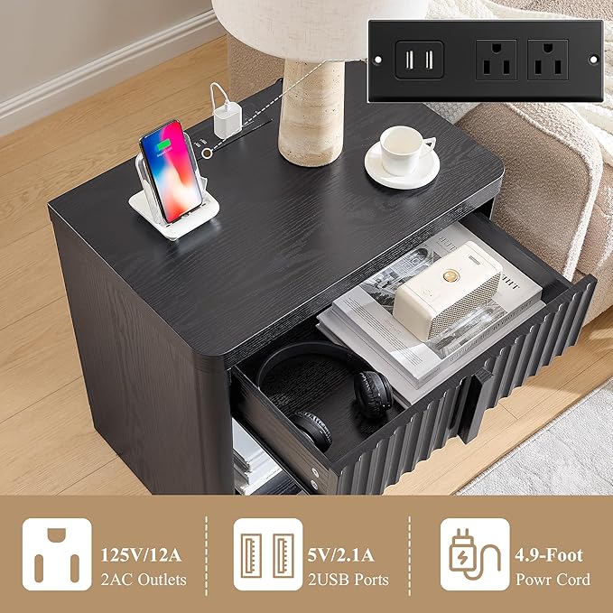 Fluted Nightstand with Charging Station, 23.6" End Table with Open Shelf and Drawers Storage, Bedside Table with Solid Wood Handle, Curved Profile Design, Night Stand for Bedroom, Black
