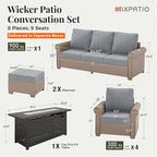 Patio Furniture Set 8 pcs, Wicker Outdoor Patio Furniture, 3-Seat Sofa, 4 Single Chairs, 2 Ottomans and 56" Gas Fire Pit Table, Rattan Patio Conversation Set for Backyard Deck, Grey