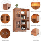 PARTPHONER Bathroom Floor Storage Cabinet with Cabinet Lights, Modern Storage Cabinet with 4 Doors and Adjustable Shelves, Buffer Hinges, Walnut Pantry Cabinet for Living Room & Kitchen