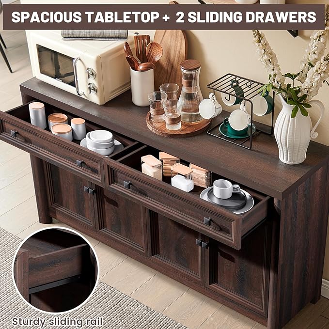 59" Large Buffet Cabinet with Storage, Farmhouse Walnut Sideboard Coffee Bar with 4 Doors & Adjustable Shelves, Wood Credenza Accent Coffee Bar Console Table for Living Room Hallway