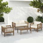 Scott Living Darla 4 Piece Outdoor Rustic Acacia Wood Seating Set, 4 Seater Conversation Set, Acacia Wood Loveseat and Club Chairs, Sofa Set with Cushion, Retangular Coffee Table, Light Gray+Beige