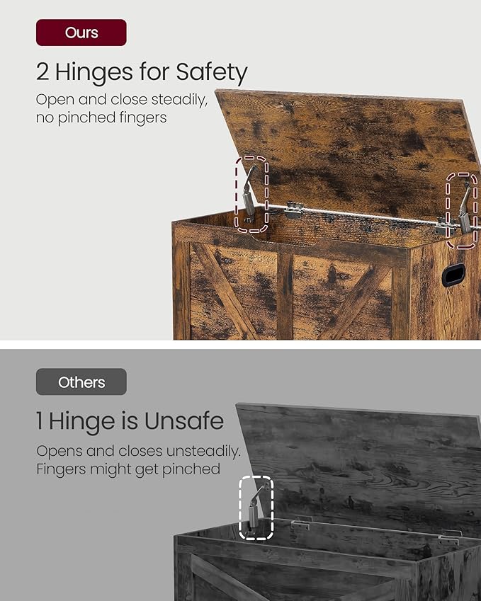 VASAGLE Storage Chest, Storage Trunk with 2 Safety Hinges, Storage Bench, Shoe Bench, Farmhouse Style, 15.7 x 31.5 x 18.1 Inches, for Entryway, Bedroom, Living Room, Rustic Brown ULSB062T01
