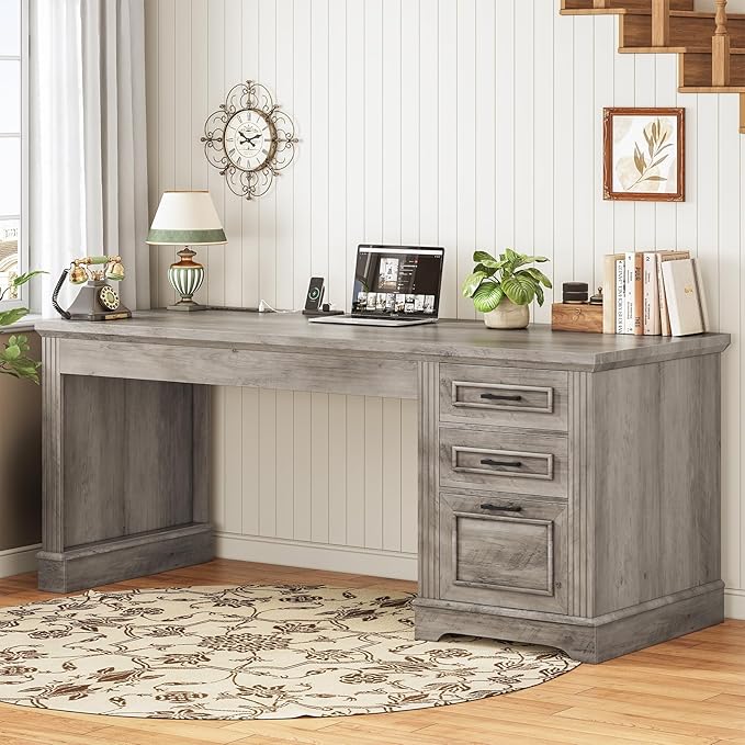 SEDETA Executive Office Desk with 3 Drawers, Farmhouse 55" Computer Desk with Storage File Drawers & Power Outlet for Home Office, Grey