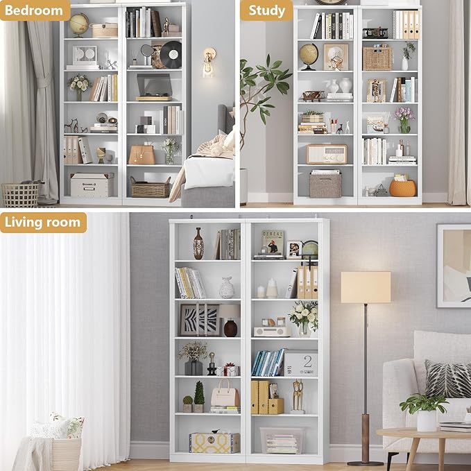 75" Tall Bookshelf & Bookcase, 6-Tier Adjustable Storage Shelves, Book Shelf with Anti-Tipping Device, Floor Standing Modern Display Rack for Living Room, Bedroom, Office, White
