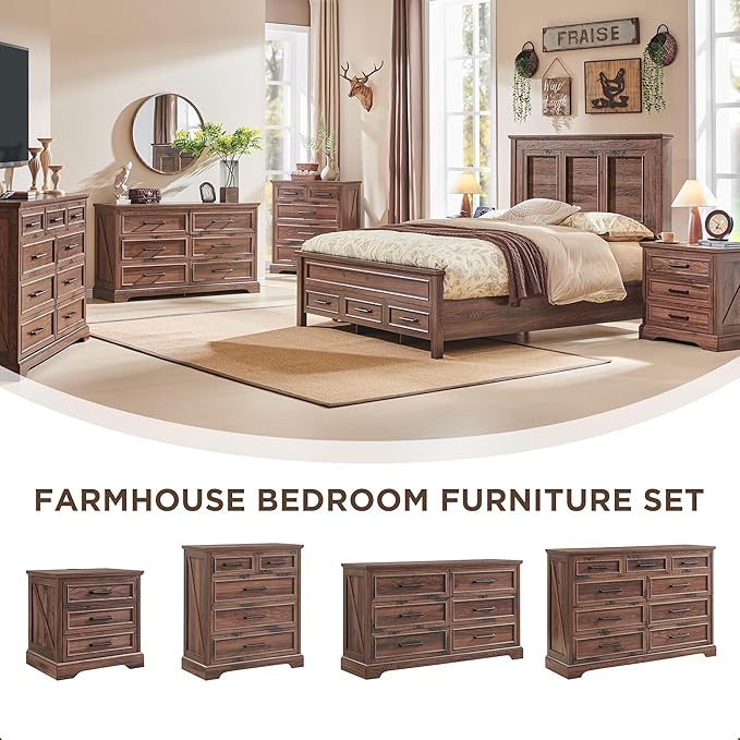 ACCOHOHO Farmhouse King Size Bed Frame with 52" Tall Headboard, Wood Platform Bedframe with Footboard and Storage Drawers, No Squeak, No Box Spring Needed, Brown