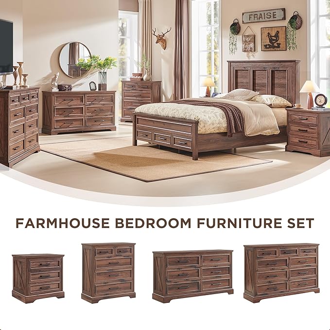 ACCOHOHO Farmhouse King Size Bed Frame with 52" Tall Headboard, Wood Platform Bedframe with Footboard and Storage Drawers, No Squeak, No Box Spring Needed, Light Brown