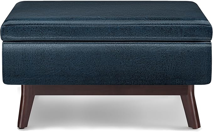 SIMPLIHOME Owen 34 inch Wide Mid Century Modern Rectangle Coffee Table Storage Ottoman in Distressed Dark Blue Vegan Faux Leather, Assembled, for the Living Room, Entryway and Family Room