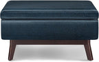 SIMPLIHOME Owen 34 inch Wide Mid Century Modern Rectangle Coffee Table Storage Ottoman in Distressed Dark Blue Vegan Faux Leather, Assembled, for the Living Room, Entryway and Family Room