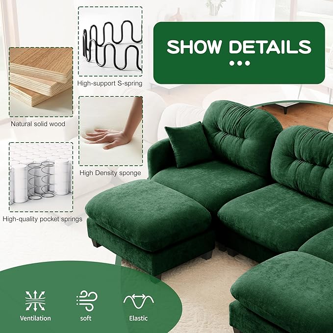 107" L Shaped Sofa for Living Room, Comfy Chenille Fabric Cloud Sectional Couch, Modern Upholstered Deep Seat Sofa with Pillow and Movable Ottoman, Oversized 3 Seater Sectional Sofa, Green