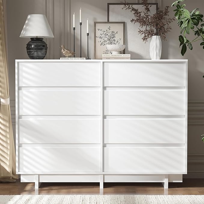 White Dresser for Bedroom, 53.1" Wide 8 Drawer Dresser, Mid Century Modern Dressers Chest of Drawers, Wooden Large Dressers for Bedroom, Closet