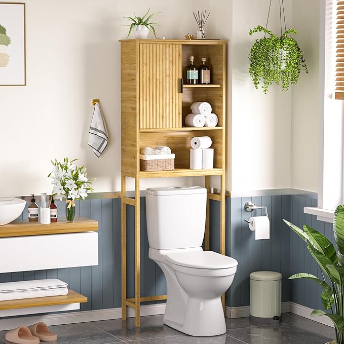 Over The Toilet Storage Cabinet with Fluted Doors, Bathroom Over Toilet Rack with Adjustable Shelf Bamboo FreeStanding Space-Saving Storage Organizer, Natural
