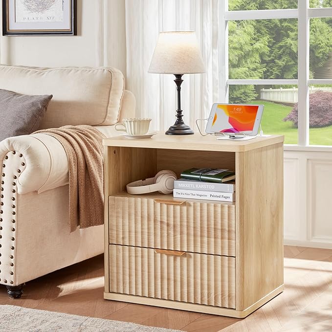 LEYAOYAO Fluted Nightstand with Charging Station, 23" Modern Night Stand with Woodgrain Top, 2 Drawers End Table w/Storage, Bedside Tables for Bedroom, Living Room, Curved Profile Design,Wood