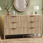 55" Wide Fluted 6 Drawer Dresser for Bedroom, Wooden Dresser Modern Chest of Drawers TV Stand Dressers with Organizer Storage for Bedroom, Living Room, Entryway, Hallway, Oak