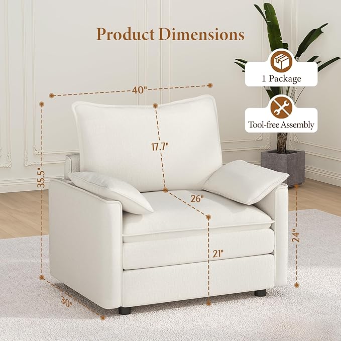 Vesgantti 40" Single Seat Sofa, Comfy Cloud Couch Deep Seat Upholstered Couch Chenille Modern Sofa with Armrest Pillow, Easy Assembly for Living Room, Bedroom and Apartment, Snow White