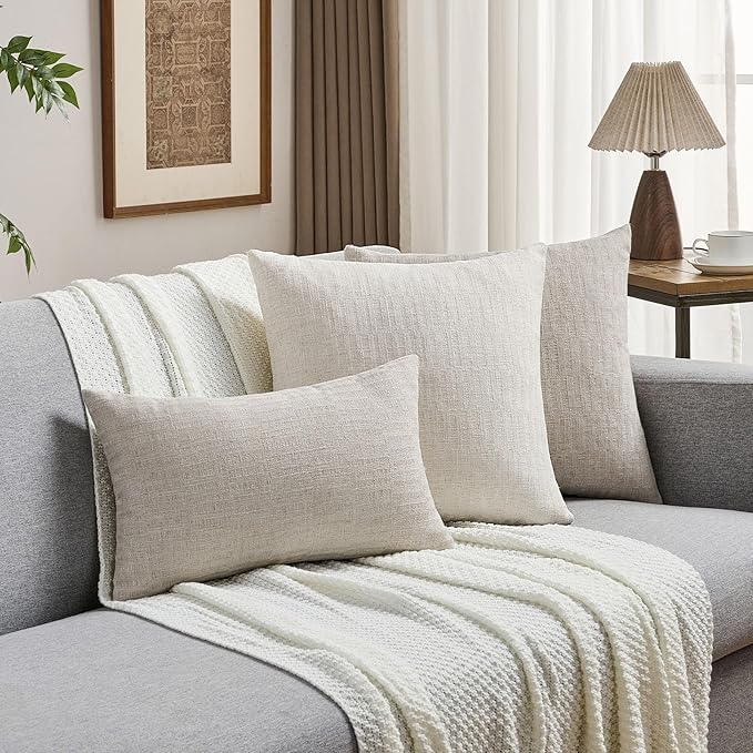 FUTEI Light Natural Decorative Throw Pillow Covers 18x18 Inch Set of 2,Soft Linen Slub Texture Cushion Case,Farmhouse Home Decor for Couch Bed Living Room