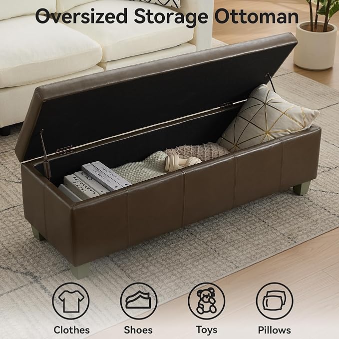 51" Faux Leather Storage Ottoman, Stitch Tufted Rectangle Upholstered End of Bed Storage Bench, Entryway Large Couch Ottoman with Wooden Legs, Coffee