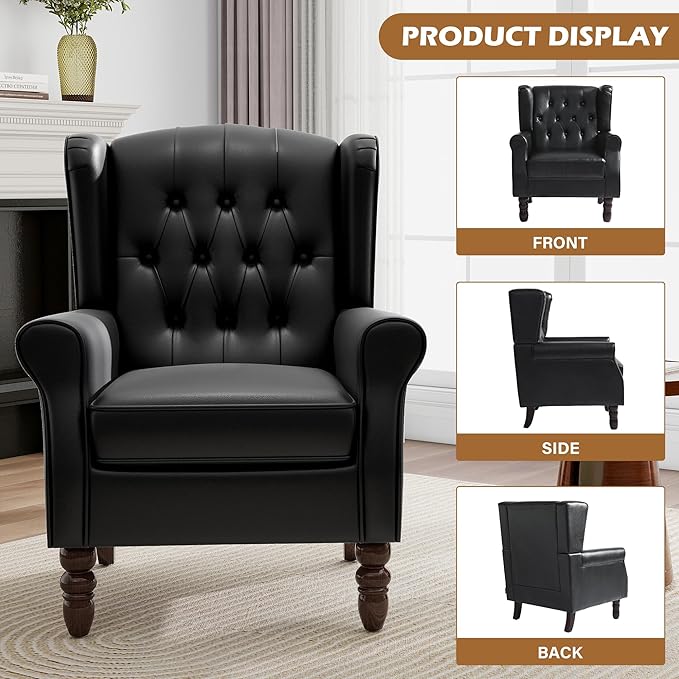 Mid-Century Modern 2-Piece Wingback Chair Set - Luxe Faux Leather Accent Chairs with Wooden Legs, Easy-Clean Lounge Seating for Living Room, Home Theater & Dining Room - PU Leather Matched Pair Black