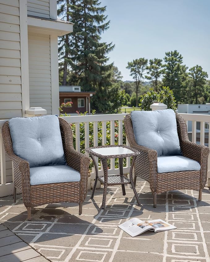 Patio Wicker Chairs Outdoor Furniture Chair - Set of 2 Outside All Weather Lawn Dining Brown Rattan Armchair with High Back&Deep Seating for Deck Porch Balcony Backyard Garden - Baby Blue