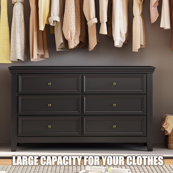 BLANKSPACE Black 6 Drawer Dresser, Modern Dresser for Bedroom, Wood Drawer Organizer with Metal Knobs, Large Capacity Wood Cabinet for Bedroom, Hallway