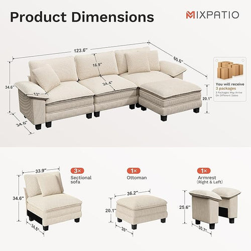123-Inch L Shaped Sectional Sofa with Cloud Cushions, Deep Seat Modular Couch Set w/ 4 Seats & 1 Ottomans, Removable Arms, Plush Corduroy Upholstery for Living Room, Apartment - Beige