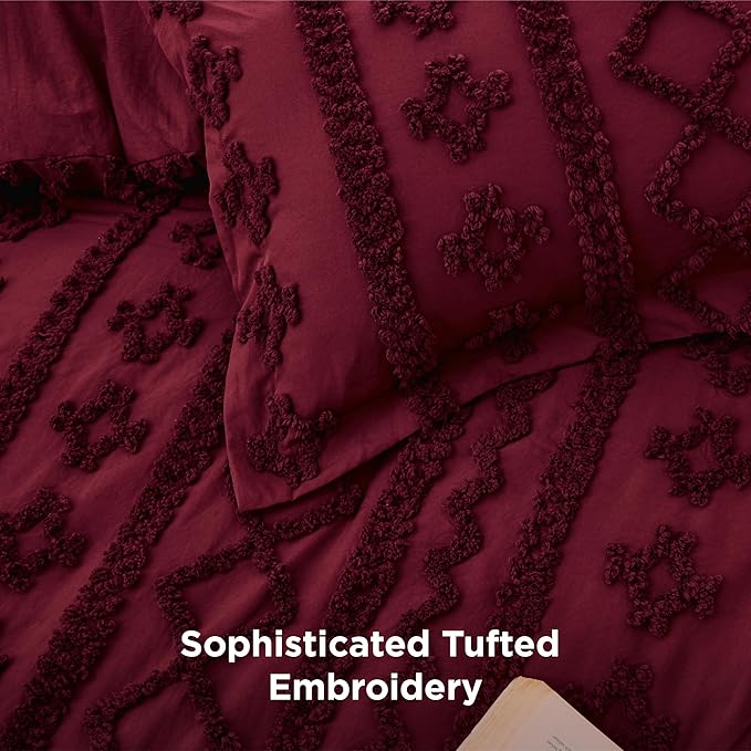 Bedsure Tufted Boho Comforter Set Twin Size - Dark Red Boho Bed Set, GentleSoft™ 2 Pieces Farmhouse Shabby Chic Embroidery Bedding, Gifts for Woman, Soft Jacquard Twin Comforter for All Seasons
