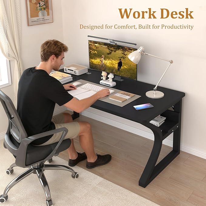 StarGraph Computer Desk 47'' Large Home Office Desk with Sturdy Metal Frame U Shaped Modern Computer Desks with Storage Study Writing Office Work from Home Desks (Black, 47 inch)