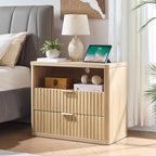 LEYAOYAO 31" Wide Fluted Nightstand Set of 2 with Charging Station, Oversized Extra Large 2 Drawers Night Stand,Natural Wood Bedside Table,Tall End Tables,Modern Chest of Drawers Dressers for Bedroom