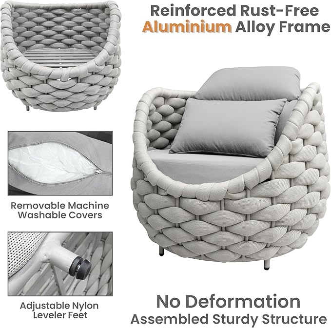 6 Pieces Deck Patio Furniture Set: Hand Woven Rope, Rusrproof Aluminum Frame, Weather Resistant, Thick Cushions, No Assembly, Comfy Outdoor Conversation Sofa Set for Porch Yard Lawn Hotel - Gray