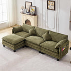 108" Modern L-Shaped Sectional Sofa with USB & Type-c Port Charger, Modular Cloud Couch, Deep Seating Chenille Fabric 4-Seater with Ottoman and Pillows for Living Room (Green)