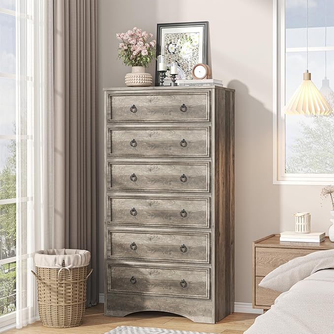 6 Drawer Dresser 52" Tall for Bedroom, Wood 6 Chest Drawers, Storage for Clothes, Narrow Large Drawers, Taupe Vintage, for Living Room, Bedroom, Hallway, Brownish Grey