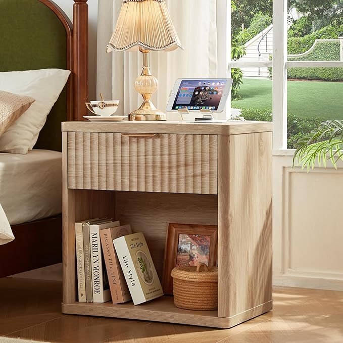 LEYAOYAO Fluted Farmhouse Nightstand Set of 2 with Charging Station, 23" Wide 1 Drawers Night Stand,Natural Dresser for Bedroom,Bed Side Table Chest of Drawers,Wood End Table for Living Room