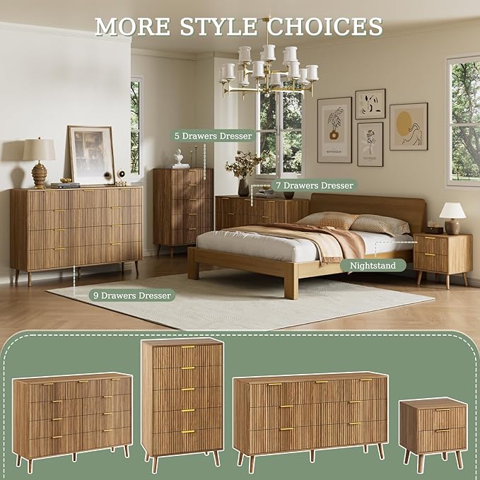 LYNSOM Fluted Dresser and Nightstand Set, 3 Pieces Bedroom Set, 55 Inch Wide 7-Drawer Dresser & 2-Drawer Nightstands Set of 2, Modern Dressers Set for Bedroom, Hallway, Natural Oak