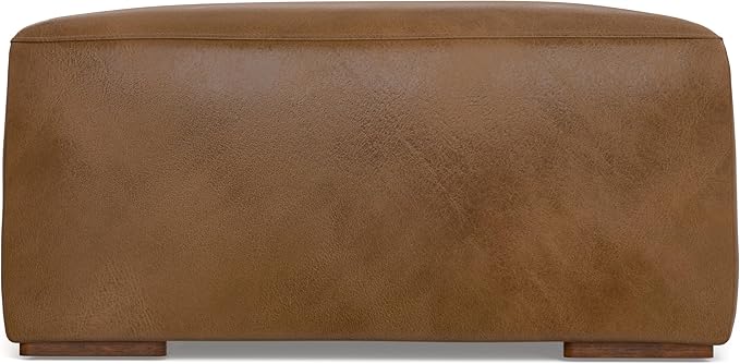 SIMPLIHOME Rex Ottoman in Full-Grain Genuine Leather, Caramel Brown, 34-inches Wide, Modern-Style Table Ottoman or Footrest, Assembled, for Living Room and Family Room