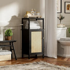 Bamboo Floor Rattan Cabinet, Small Bathroom Storage Organizer Rack with 1 Door and 1 Shelf, Space Saving Wood Kitchen Cupboard, Hallway Side Table, Living Room Freestanding Stand (Black)