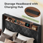 WLIVE Queen Size Upholstered Bed Frame with Storage Headboard, Velvet Square Tufted Platform Bed with Charging Station, Sturdy Metal & Wooden Slats Support, No Box Spring Needed, Black