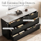 Fluted 6 Drawers Dresser with Charging Station, 55" Wide Modern Chest of Drawers with Faux Marble Top, Wooden Dresser TV Stand, Wood Drawer Organizer for Bedroom, Living Room, Hallway, Black