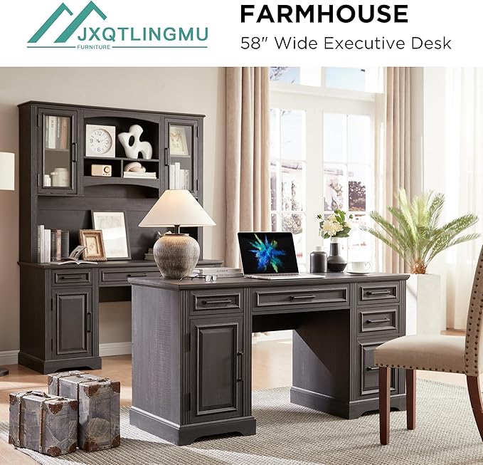 JXQTLINGMU 58 Inch Large Computer Desk with Drawers, Embossed Texture Home Office Desk, Workspace for Work Study Writing, Black