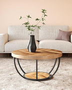LITTLE TREE Round Coffee Table, 32" Circle Coffee Table for Living Room, 2-Tier Wood Accent Center Table with Open Storage Industrial Design Home Furniture (Wood Grain and Black)