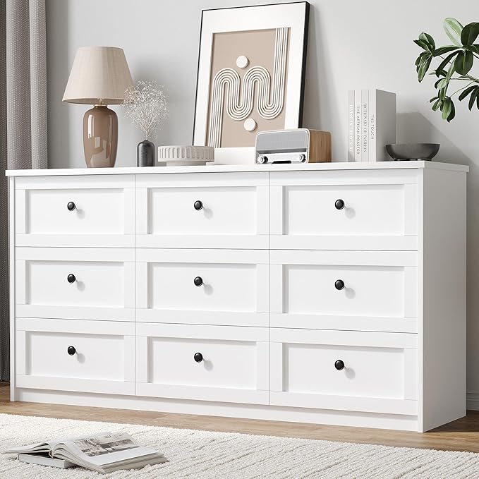 CHUWELL White Dresser for Bedroom, 59.1" Wide Dressers & Chests of Drawers with Large Capacity Storage,9 Drawers Dresser for Bedroom