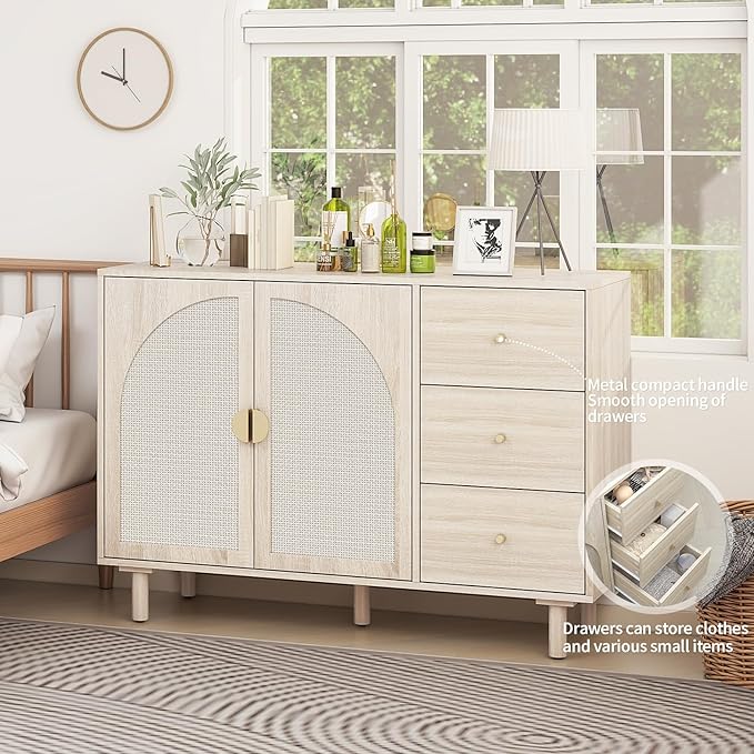 Beige Sideboard Cabinet with 2 Rattan Doors and 3 Drawers, Rattan Buffet Cabinet with Adjustable Shelves & Pine Legs, Boho Sideboard Buffet for Living Room, Kitchen, Entryway, Beige