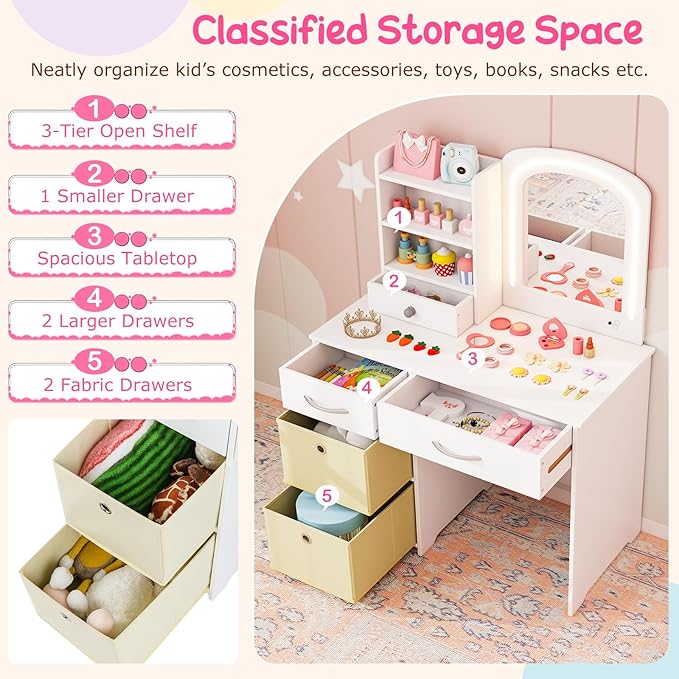 Costzon Kids Vanity with Lights, Princess Makeup Dressing Desk with Mirror and Stool, Storage Drawers, Shelves, Vanity Table and Chair Set for Little Girls (White)