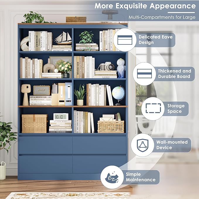 FINETONES 71" Bookshelf with Drawers, 47.3" Double Wide Bookshelves and Bookcases with Storage, Tall Bookshelf Large Open Book Shelf Standing Book Case for Home Office, Blue