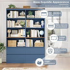 FINETONES 71" Bookshelf with Drawers, 47.3" Double Wide Bookshelves and Bookcases with Storage, Tall Bookshelf Large Open Book Shelf Standing Book Case for Home Office, Blue