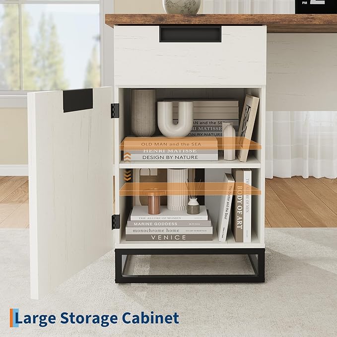 IDEALHOUSE Farmhouse Executive Desk, 59" Computer Desk, White Home Office Desks with File Drawer and Storage Cabinet, Wood Writing Desks for Home Office, Bedroom, White+Vintage