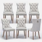 Linen Upholstered Dining Chairs Set of 6, Modern Style Kitchen Side Chairs with Nailhead Trim and Wood Leg, Metal Pulling Ring for Dining Room Living Room(Beige,Set of 6)