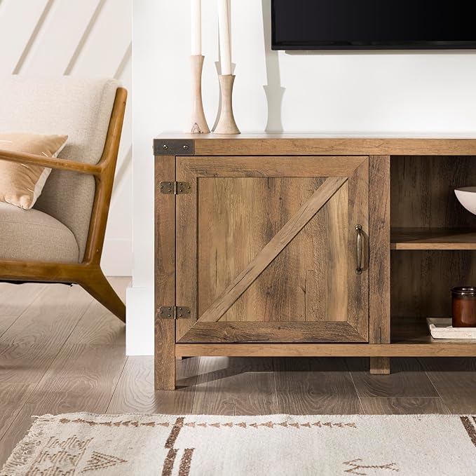 Walker Edison Georgetown Modern Farmhouse Double Barn Door TV Stand for TVs up to 80 Inches, 70 Inch, Rustic Oak, Without Fireplace, 15.75 x 70 x 24 inches