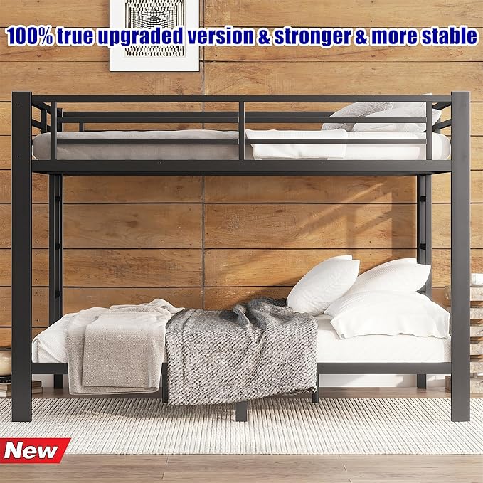Stronger & Higher Quality Heavy Duty Steel Bunk Bed Queen Over Queen Size Bunkbed, Thickened Safer More Stable Metal Queen Bunk Bed Frame (Faster Assembly)