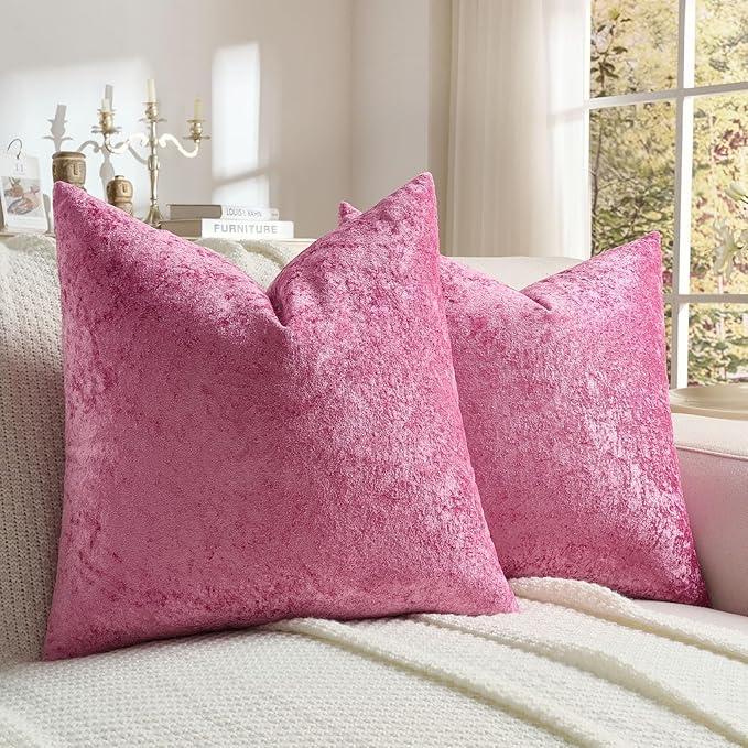 FUTEI Hot Pink Flannel Throw Pillow Covers 20x20 Inch Set of 2,Soft Dimensional Textured Cushion Cases,Modern Home Decor for Couch Living Room